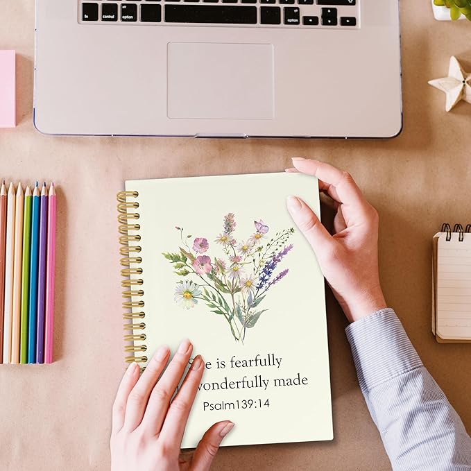 Bible Christian Wildflower Spiral Notebook, Inspirational Religious Journaling Notebooks for Work Office School, Floral Plant Prayer Hardcover Journals Gifts for Women, 160 Pages 5.5 x 8.3 Inch