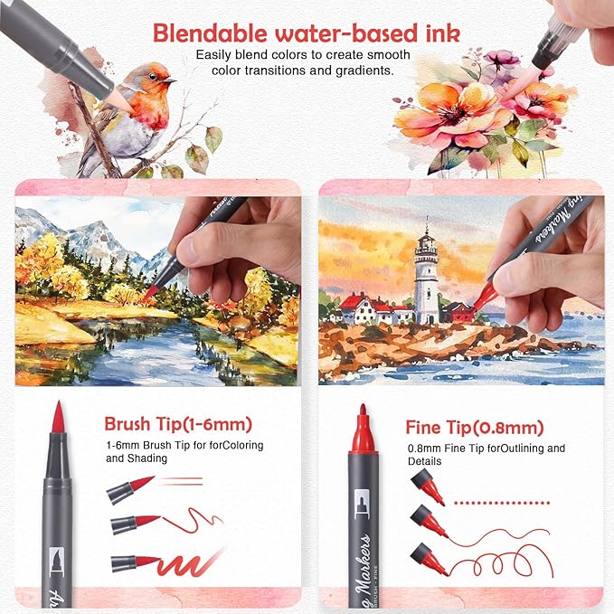 Watercolor Pens Set, 24-Color Dual Tip Paint Markers, Water-Based Coloring Markers with 1 Aquapen, 1 Colorless Blender, and 12-Page Pad, Art Supplies for Artists & Beginners