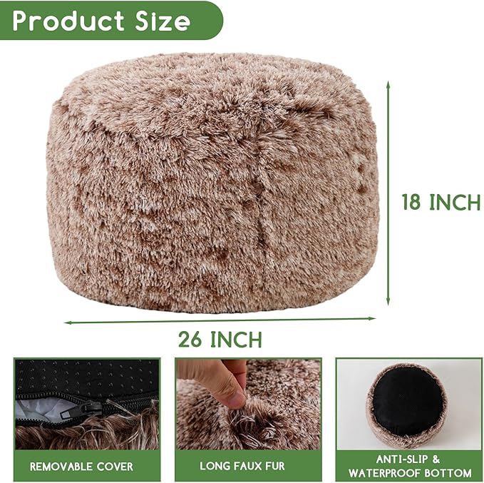 HIGOGOGO Round Stuffed Pouf Ottoman, Long Faux Fur Poufs with Foam Chunk Filling, Fluffy and Furry Pouf Foot Stool Storage Ottoman, 26 X 18 Floor Poufs Foot Rest for Living Room,Coffee