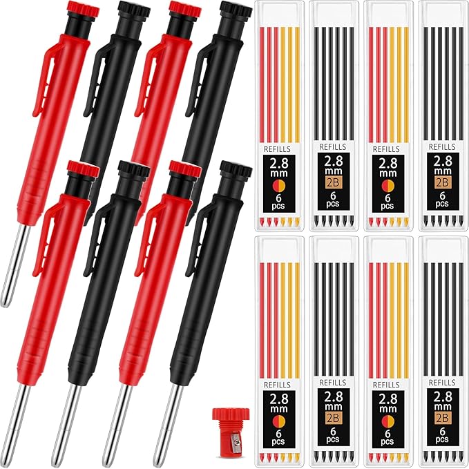 8 pack 2.8mm Mechanical Carpenter Pencils with 48 Refills, Construction Pencils with Built-in Sharpener, Long Nib Deep Hole Marker, Heavy Duty Woodworking Tools (Black+red)