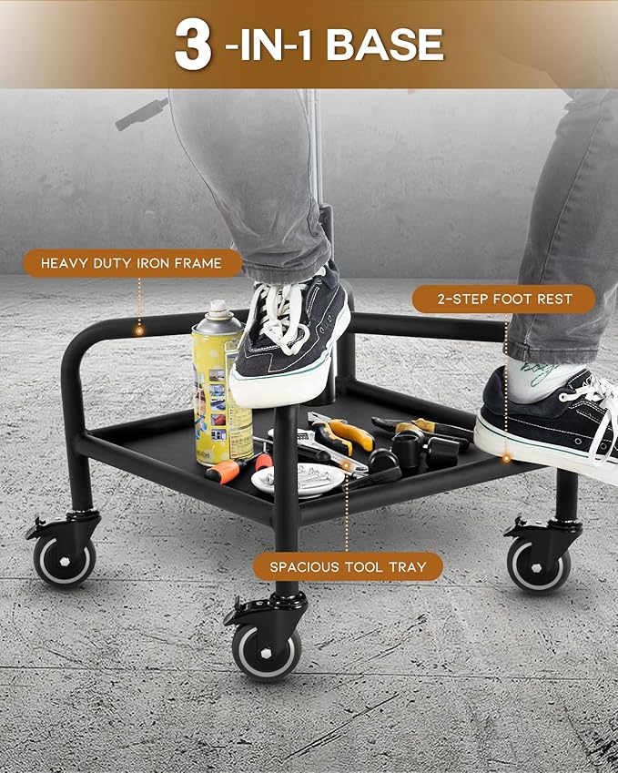 Shop Stool with Lockable Rubber Wheels Adjustable Backrest Tool Tray Storage 400 lb Capacity Rolling Garage Stool (Coffee)