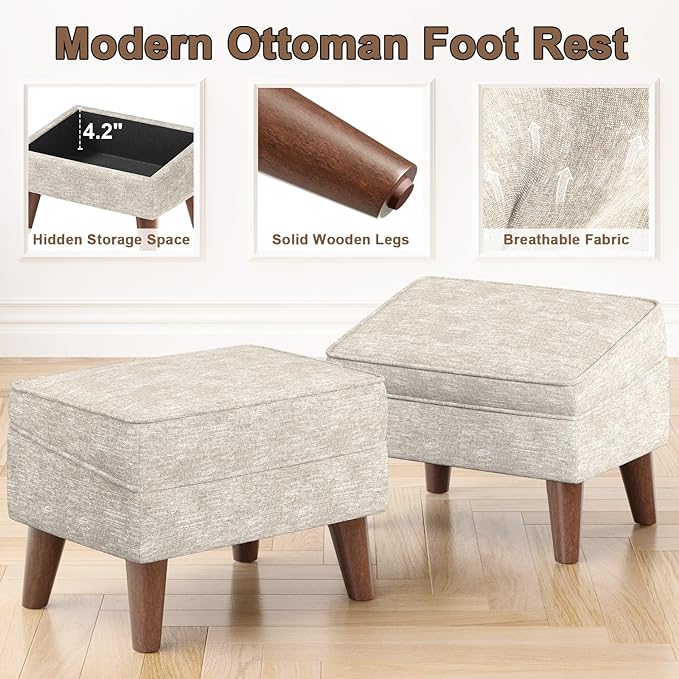 Ottoman Foot Rest, Small Footstool Ottoman with Storage, Modern Foot Stool with Adjustable Lid and Sturdy Wood Legs for Living Room, Bedroom, Couch, Enterway (Beige)