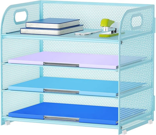 Marbrasse 4 Tier Paper Organizer Letter Tray - Mesh Desk File Organizer with Handle, Paper Sorter Organizer for Letter Office File Folder Holder (Blue, 12.6" x 9.1" x 10.7")