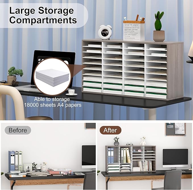 EasyPAG Mail Organizer Countertop, Wood Literature Organizer with Adjustable Shelves, Student Classroom Mailbox for School, Desktop Paper Sorter for Office Home, 36 Compartments, Retro Gray/White