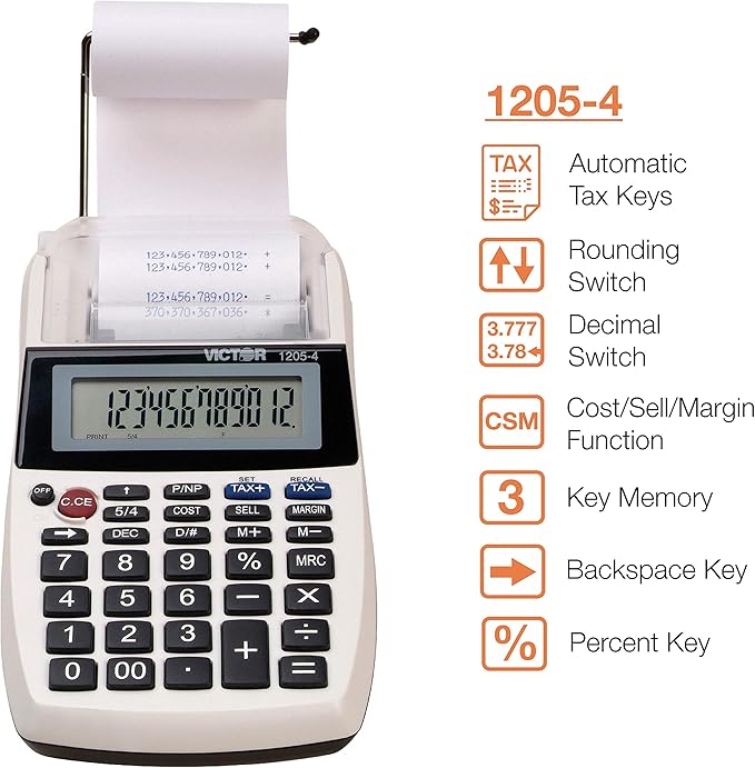 Victor 1205-4 12 Digit Portable Palm/Desktop Commercial Printing Calculator, 1.8" x 4" x 8"