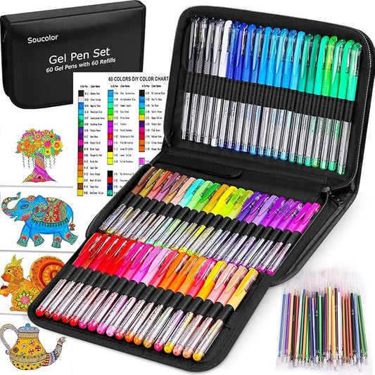 Soucolor Gel Pens for Adult Coloring Books, Deluxe 120 Pack-60 Colored Gel Pens, 60 Refills and Travel Case, with 40% More Ink Gel Art Markers Set for Drawing Journaling Scrapbooking Art Kit Supplies