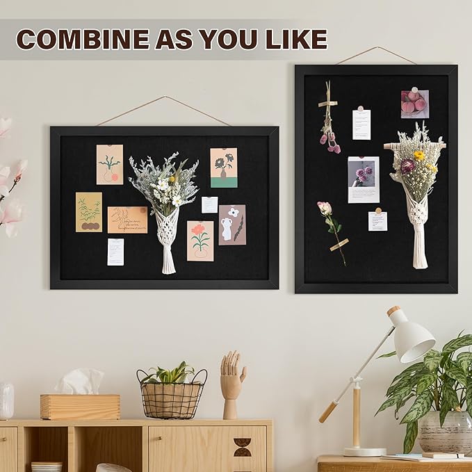 Black Cork Board Bulletin Board 16.7" x 11", 2-Pack Small Linen Corkboards with Frame for Walls, Cute Picture Display Pin Board Vision Board for Room School Office Bedroom 25 Pushpins