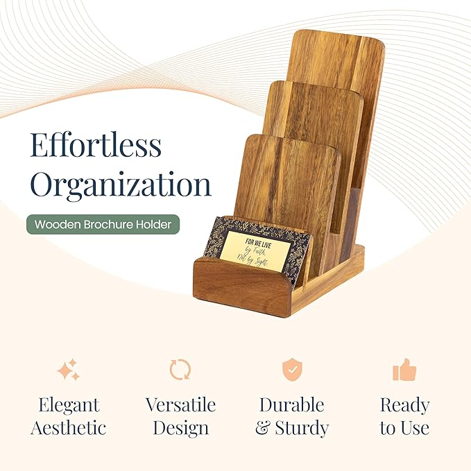 Brochure Holder - 4-Tier Acacia Wood Brochure Display Stand - Waterproof Flyer Stand w/Non-Slip Base - Handmade Flyer Holder for Flyer Display, Menu Holder, Pamphlet & Business Cards- [Pack of 1]
