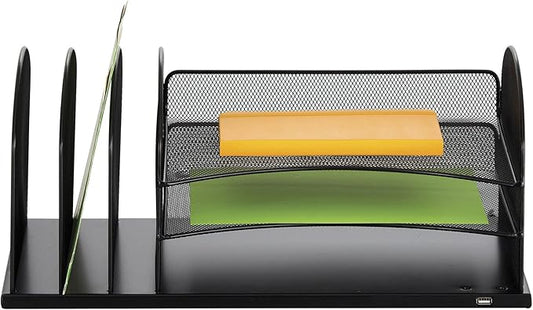 Safco Products 3231BL Onyx Desktop Organizer with USB Charging Port, 3 Section File Sorter, 3 Paper Trays, Durable Steel Construction, Black