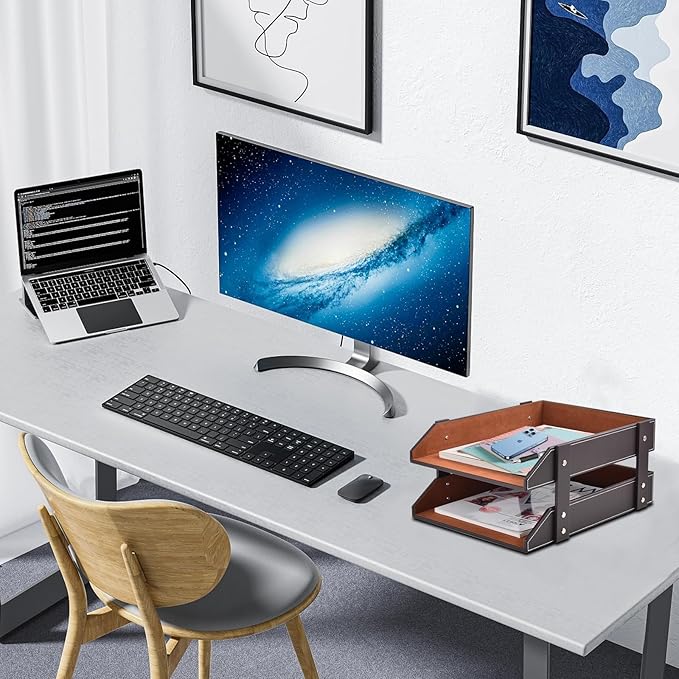 Leather Desk Organizer,2-Tier Stackable Letter Tray Holder,Office Supplies Desktop Storage Box for Document,Stationery,Magazines,Newspapers,Letters and Other Home Office Paper Sundries,Coffee