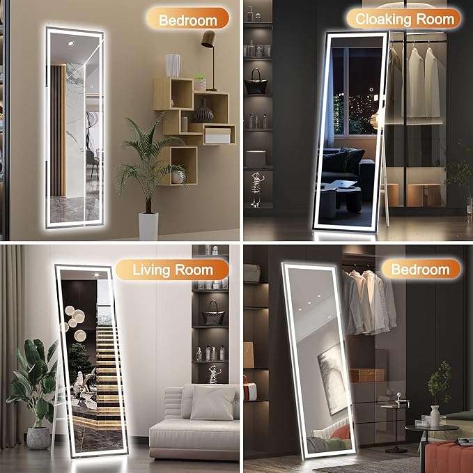 Hasipu Full Length Mirror with Lights, 65" x 20" LED Floor Mirror, Full Body Dressing Standing, Hanging Mounted Mirror for Living Room Bedroom Cloakroom, Square Black