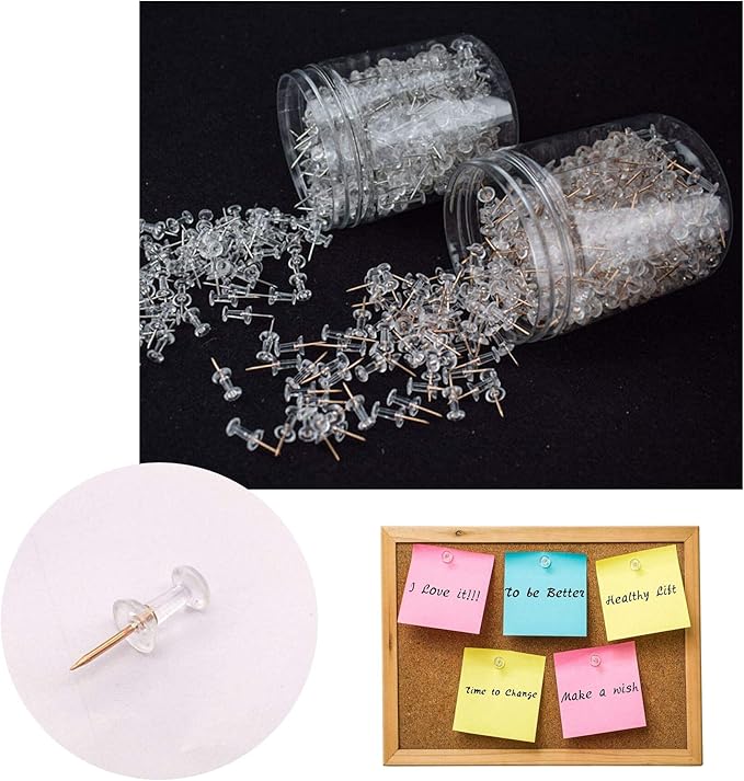 Clear Push Pins 600pcs Standard Thumb Tacks with Rose Gold Steel Point Transparent Plastic Head Pins for Hanging Photo Posters Craft Marking Map Wall Cork Board