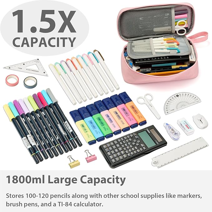 Pencil Case Pouch Box Bag School Supplies Girls Boys Kids, Cute Preppy Stuff Large Big Capacity Aesthetic Pen Organizer, Back to College Stationary, Pink, Classic Stlye, 1800ml