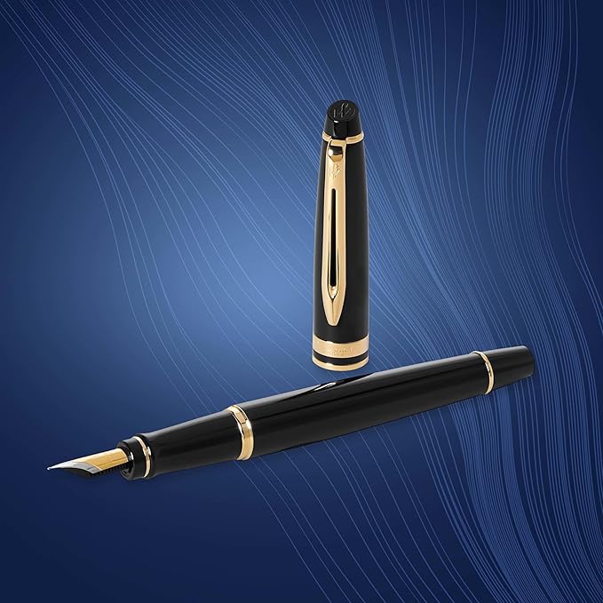 Waterman Expert Fountain Pen, Gloss Black with 23k Gold Trim, Medium Nib, Luxury Pen in Gift Box, Fountain Pen for Writing