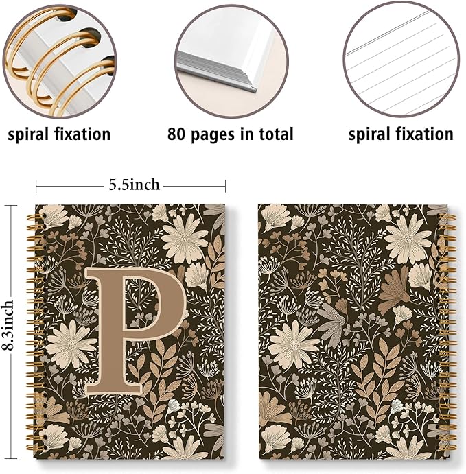 Initial P Personalized Journal Notebook, Boho Floral Journaling Notebooks for Women Girls, Costom Monogrammed Gifts for Women Mom Girls Friends, Letter Spiral Notebook, 5.5x8.3