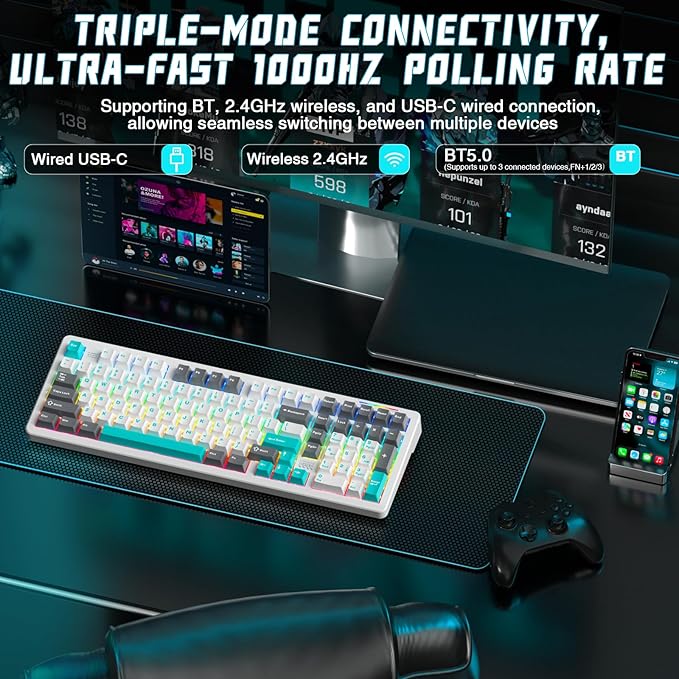LINGBAO K98 Wireless Mechanical Gaming Keyboard, 10000mAh Battery Tri-Mode BT5.0/2.4GHz/USB-C, Gasket Custom Hot-Swappable Linear Switches Mechanical Keyboards, RGB Backlit Keyboard for PC Laptop
