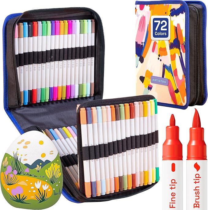 ARTISTRO 72 Dual Tip Fabric Markers - Acrylic Drawing Markers for All Ages & Levels - Fabric Paint Pens for Personalizing Clothes, T Shirts, Bags, Canvas, Textiles (Brush + Fine)