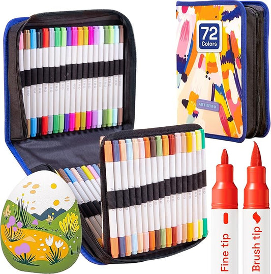 ARTISTRO 72 Dual Tip Fabric Markers - Acrylic Drawing Markers for All Ages & Levels - Fabric Paint Pens for Personalizing Clothes, T Shirts, Bags, Canvas, Textiles (Brush + Fine)