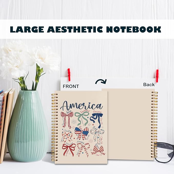 BearCake America Patriotic Christian Notebook Journal, Retro Coquette Red White Blue Bow Prayer Journal for Women, 4th of July Bow Religious Hardcover Spiral Notebook 5.5x8.3
