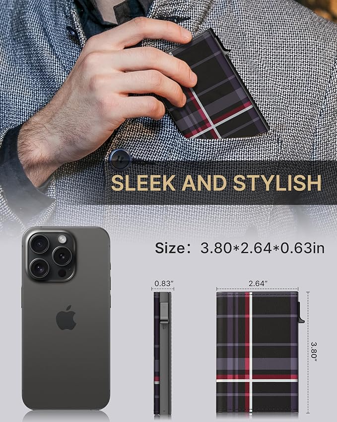 typecase Mens Wallet Card Holder: Pop Up Aluminum Case, Carbon Fiber Leather, Smart, RFID Blocking, Slim, Minimalist, Front Pocket - 9-14 Card Capacity | ID Window | Cash Slot (Plaid)