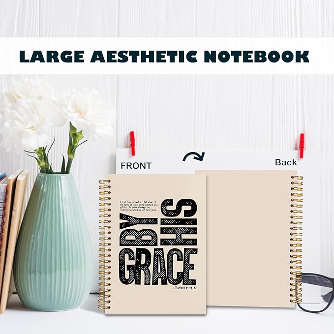 BearCake Christian Notebook Journal, Christian Gifts for Women, By His Grace Scripture Prayer Journal for Women, Bible Journaling Neutral Hardcover Spiral Notebook 5.5x8.3