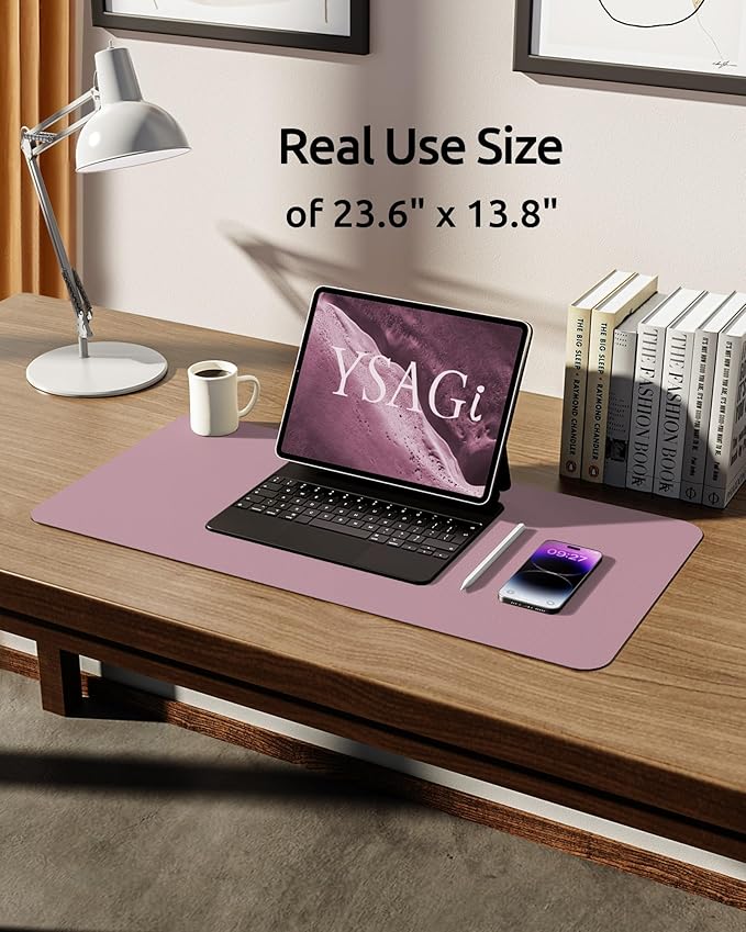 YSAGi Leather Desk Protector, Office Mat, Large Mouse Mat, Non-Slip PU Leather Blotter, Laptop Desk Pad, Waterproof Writing Pad for Office and Home (Pale Mauve, 23.6" x 13.8")