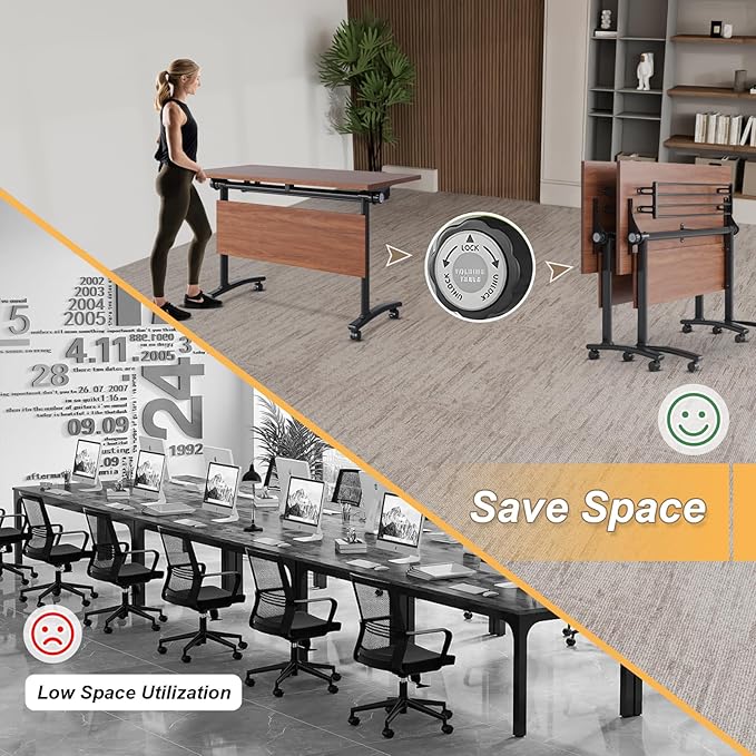 Conference Room Table with Silent Wheels, Mobile Folding Conference Table for 16 Person,Flip Top Office Training Tables with Walnuts Wood Tabletop, for School,Business Meeting Rooms (2 Pack 71in)