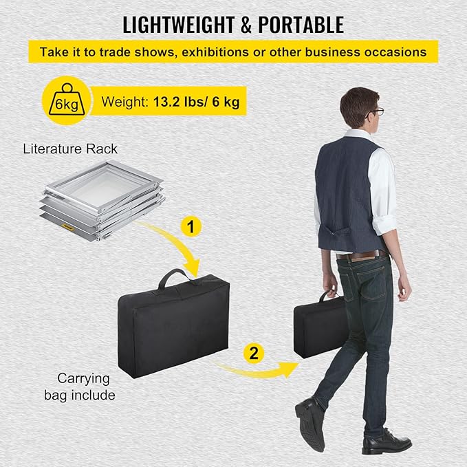 VEVOR Literature Rack, 6 Pockets, Pop up Aluminum Magazine Rack, Lightweight Catalog Holder Stand w/Carrying Bag for Living Room, Hotel, Trade Show, Exhibition, Office