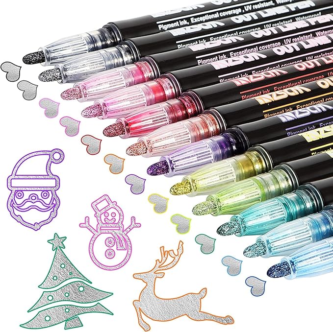 Double Line Outline Metallic Markers,Super Squiggles Shimmer Markers Pen,12 Colors Self-Outline Metallic Markers Glitter Writing Drawing Pens for Christmas Card Writing,Posters,DIY Art Crafts