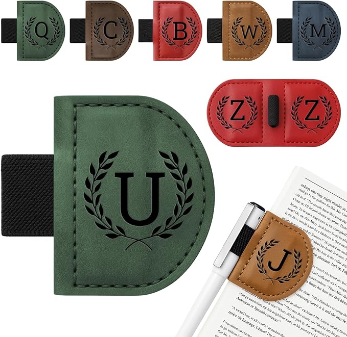Personalized Bygone Mark Bookmark with Pen Holder,Engraving Leather Magnetic Bookmarks Vintage 26 Letters Name Initials Text Book Marker Clips Gifts for Reading Book Lovers Women (Green, U)
