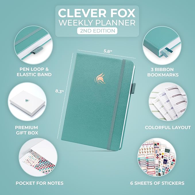 Clever Fox Planner 2nd Edition – Colorful Weekly & Monthly Goal Planner, Time Management & Productivity Organizer, Undated, A5 (Aquamarine)
