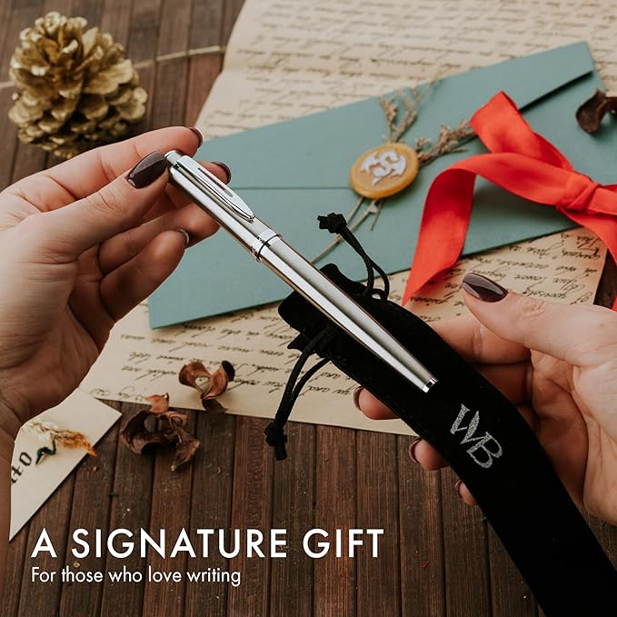 Wordsworth & Black Fountain Pen Set, Medium Nib, Includes 24 Pack Ink Cartridges, Ink Refill Converter & Gift Pouch, Chrome Finish, Calligraphy, [Silver Chrome], Perfect for Men & Women