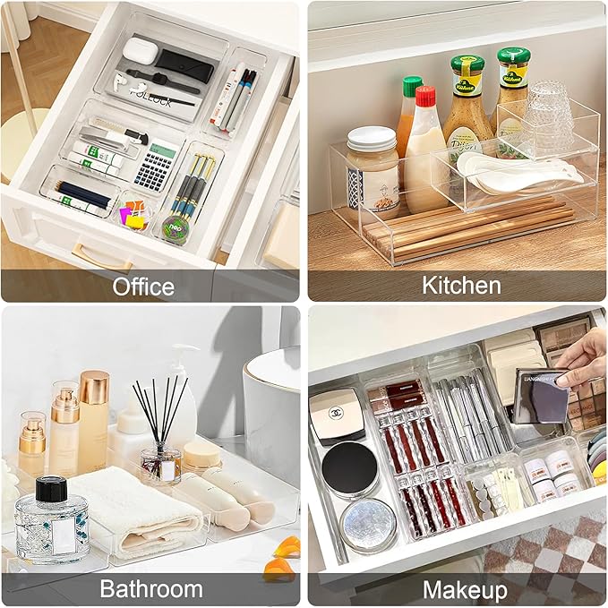 Stackable Acrylic Drawer Organizer Set, 18 PCS Multi-Size Storage Bins for Makeup, Office Desk, Bathroom, Vanity and Kitchen Utensils