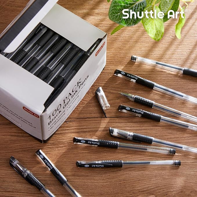 Shuttle Art Black Gel Pens, 100 Pack Fine Point Black Ink Pens Bulk, 0.5mm Rollerball Gel Ink Pens Smooth Writing with Comfortable Grip for Office, School and Home