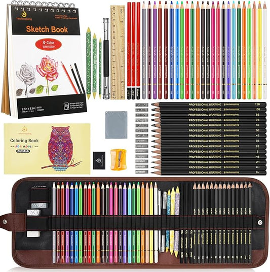 Sketch & Drawing Art Pencil Kit 52 Piece Set, 24 Color Pencil for Coloring Books, Pencil of Graphite & charcoal, 3-color Sketchbook, coloring book Etc, Art Supply Ideal for Adult Student Beginner Teen
