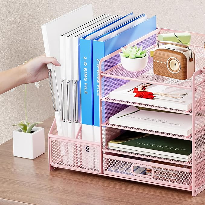 Marbrasse Desk Organizer with File Holder, 5-Tier Paper Letter Tray Organizer with Drawer and 2 Pen Holder, Mesh Desktop Organizer and Storage with Magazine Holder for Office Supplies(Pink)