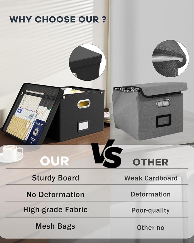 Oterri File Organizer Box with Lid,Large Hanging Filing Box with Mesh Pocket, Document c for Letter Files, Portable Storage Case with Smooth Sliding Rail for Office&Home (1 PCS, Black)