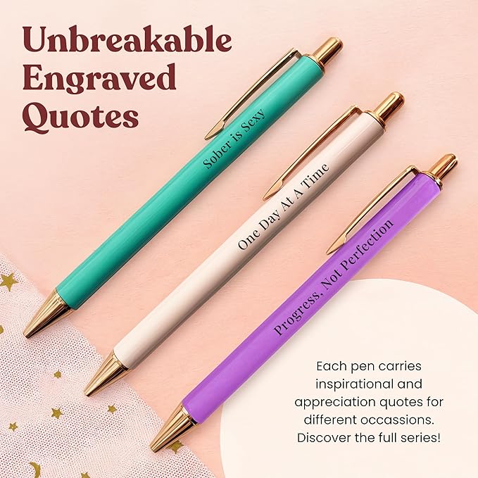 MESMOS Meaningful Sobriety Gifts for Women, 3pk Fancy Pen Set with German-Made Ink, Inspirational Pens, Proud of You Sober Gifts, Sober Affirmation Quote