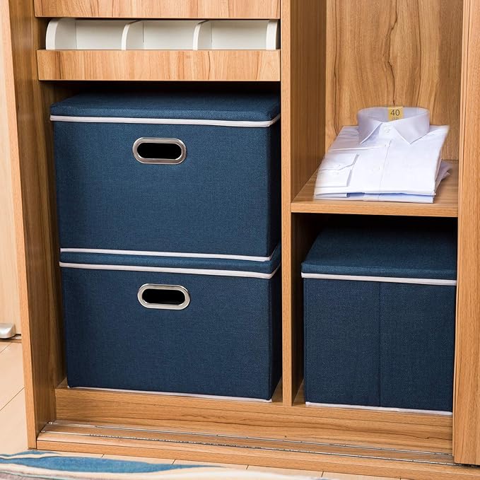 PRANDOM Large Collapsible Storage Bins with Lids [5-Pack] Fabric Foldable Storage Boxes Organizer Containers Baskets Cube with Cover for Home Bedroom Closet Office Royal Blue(17.7x11.8x11.8)