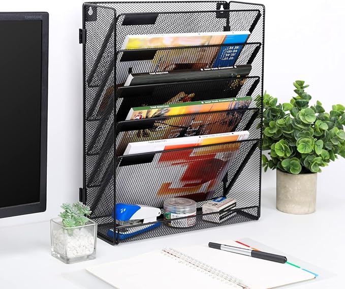 EasyPAG 6 Tier Wall File Holder with Flat Tray, Black | Easy Assemble Mesh Desk File Organizer | 5-Folder Paper Storage | Replaceable Classify Labels | Space Saving Mail Organizer for Office Home
