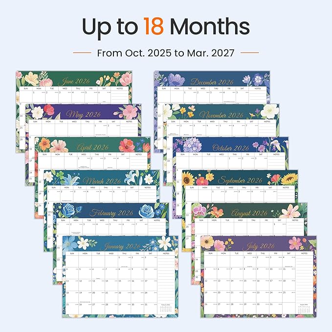 SUNEE Desk Calendar 2025-2026 - 18 Month Calendar Oct 2025 - Mar 2027, 17" x 12" Desktop Calendar with Notes, for Planning, Organizing in Family, School or Office - Colorful Floral 2026 Calendar