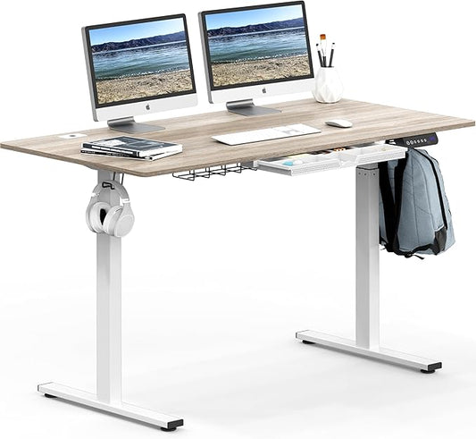 SHW 55 x 28 Inches Electric Height Adjustable Standing Desk with Drawer and Memory Preset, Maple