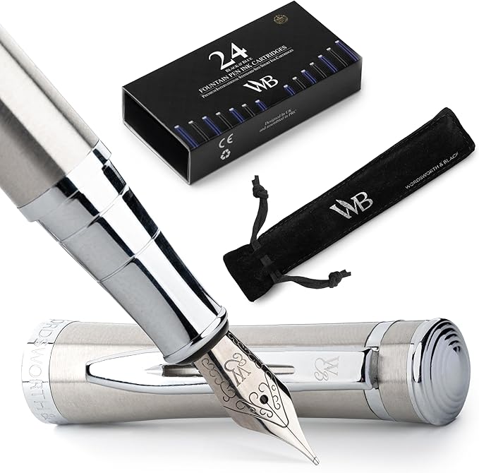 Wordsworth & Black Fountain Pen Set, Medium Nib, Includes 24 Pack Ink Cartridges, Ink Refill Converter & Gift Pouch, Chrome Finish, Calligraphy, [Silver Chrome], Perfect for Men & Women