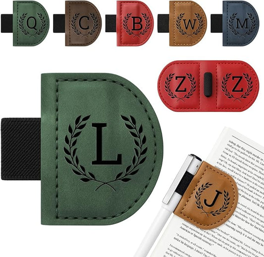 Personalized Bygone Mark Bookmark with Pen Holder,Engraving Leather Magnetic Bookmarks Vintage 26 Letters Name Initials Text Book Marker Clips Gifts for Reading Book Lovers Women (Green, L)
