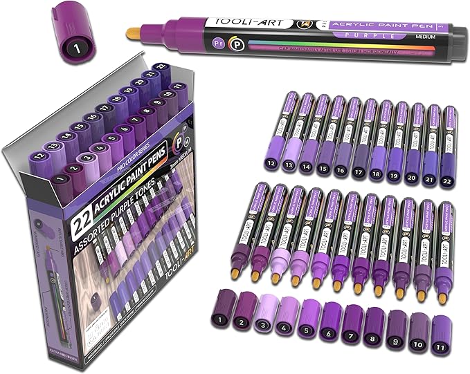 TOOLI-ART 22 Acrylic Paint Markers Paint Pens Pro Color Series Set 3mm Medium Tip for Rock Painting, Glass, Mugs, Wood, Metal, Glass Paint, Canvas, DIY. Non Toxic, Waterbased, Quick Drying (PURPLE)