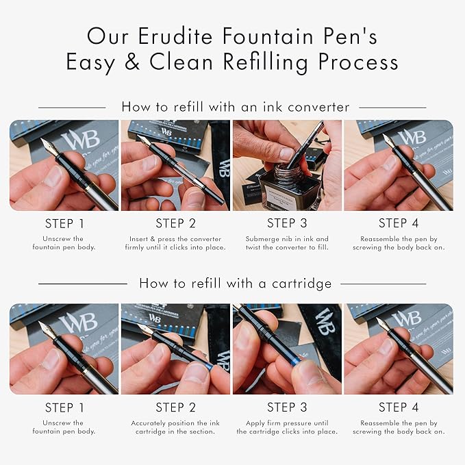 Wordsworth & Black Fountain Pen Set, 18K Gilded Extra Fine Nib, Includes 24 Pack Ink Cartridges, Ink Refill Converter & Gift Pouch, Gold Finish, Calligraphy, [Silver Gold], Perfect for Men & Women