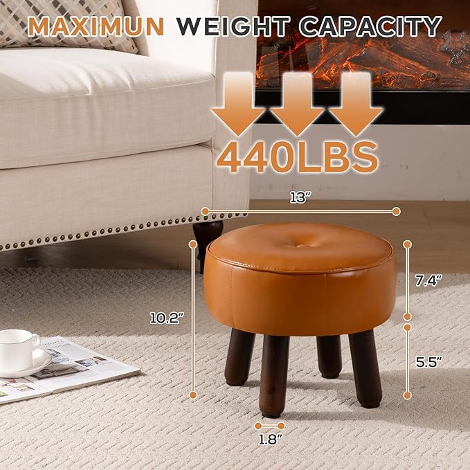 Small Foot Stool Ottoman, Round Pouf Foot Rest, Footstool Ottomans with Rubber Legs Under Desk, Faux Leather Footrest for Couch, Living Room, Bedroom, Hallway, Office, 13''L x 13''W x 10.2''H