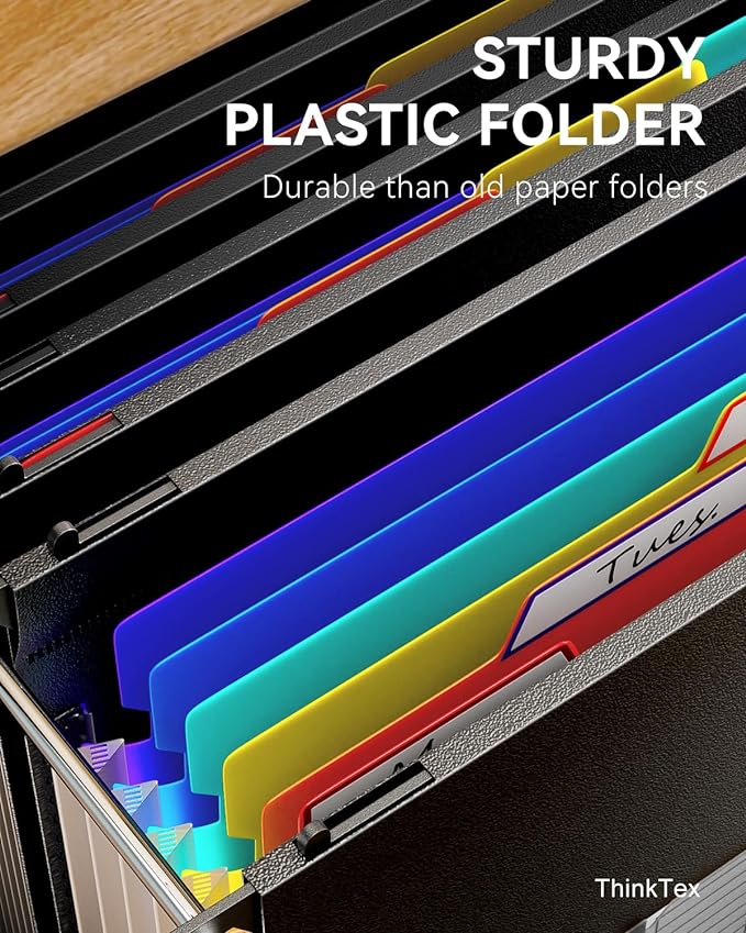 ThinkTex Plastic Expanding Hanging File Folders, 7 Innovative 1.2" Accordion Pockets, Large Capacity, Multi-Color Tabs, Legal Size for Filing Cabinet - 1 Pack