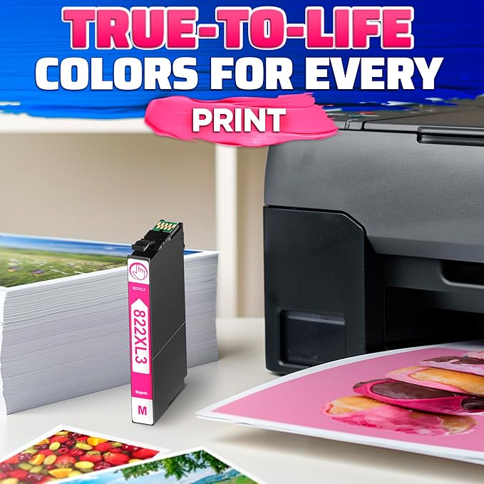 Reluen 5-Pcs 822XL Printer Ink Cartridges – High Capacity 2 Black & 3 Standard Color Combo Pack – Easy to Install and Compatible with WF-3820, WF-3823, WF-4820, WF-4830, WF-4833, WF-4834 Printers