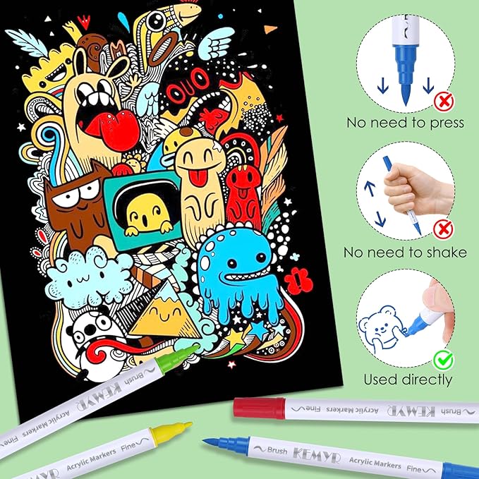 24 Colors Brush & Fine Tip Acrylic Paint Pens, Dual Tip Acrylic Paint Markers for Paper, Wood, Canvas, Stone, Rock, Glass, Fabric, DIY, Ceramic, Art Supplies for Kids and Adults Drawing